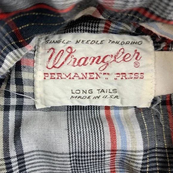 Vintage Wrangler Shirt Mens 15/33 Grey Plaid Western Pearl Snap 70's Made In USA - Picture 4 of 11